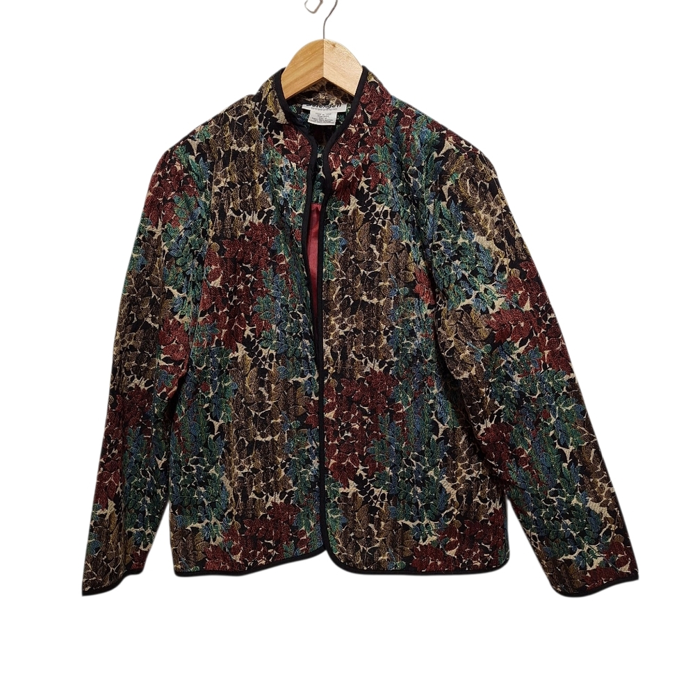 Serengeti Womens Size M Open Front Tapsestry Leaf Print Jacket‎ Lined Long Slv
